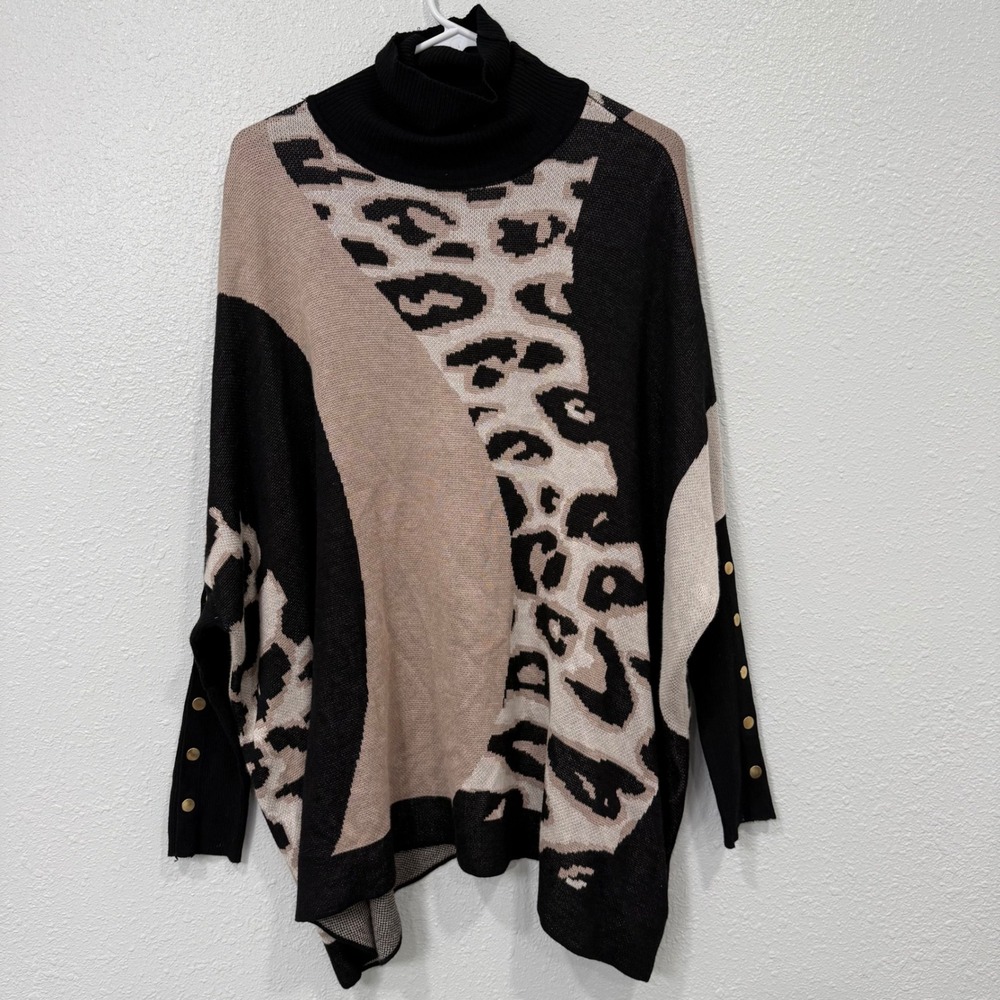JOSEPHA Leopard Print Turtleneck Poncho Sweater Women M Black Tan Button Sleeve‎